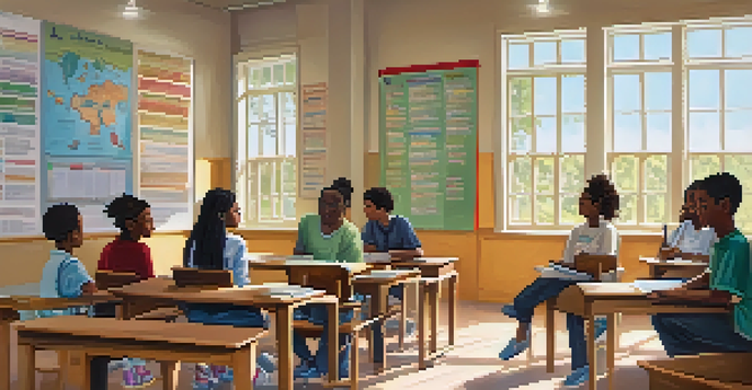 A diverse group of students in a bright classroom, participating in a lively group discussion with notebooks and laptops on their desks.