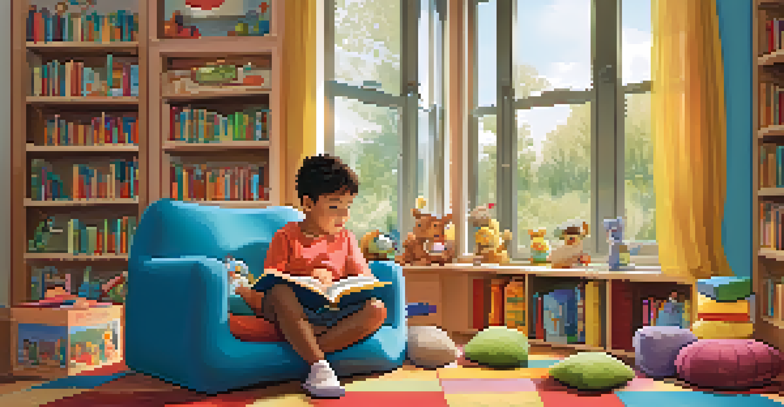 A cozy reading nook in a preschool with children reading and colorful books, inviting and warm atmosphere.