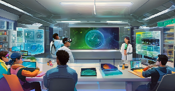 A diverse group of students engaging in a virtual chemistry experiment with colorful digital displays and interactive elements.
