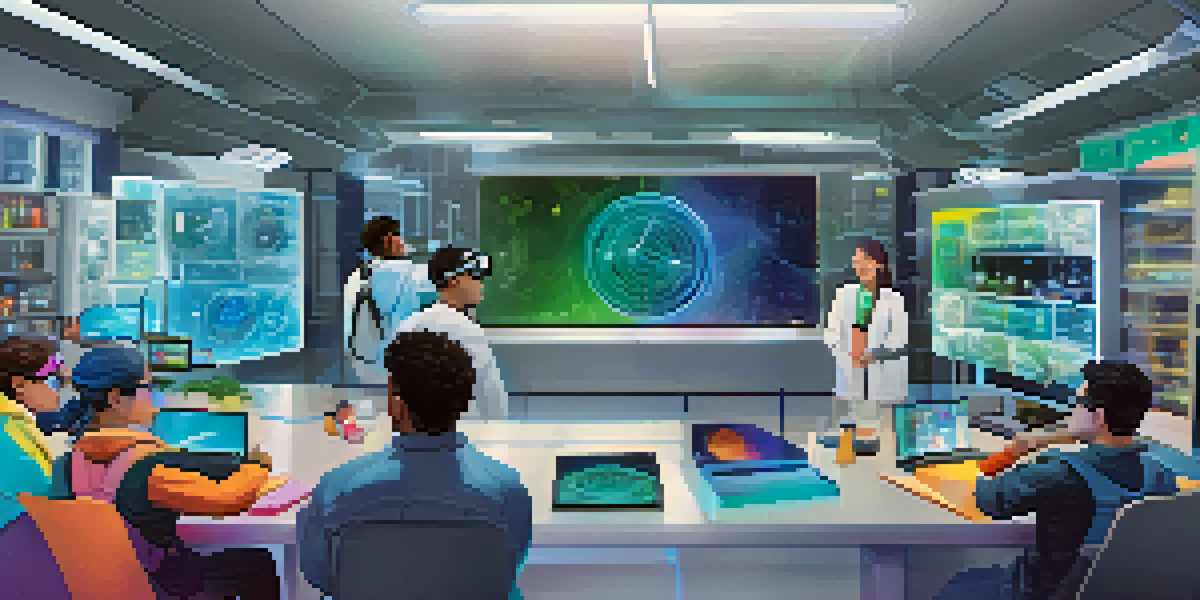 A diverse group of students engaging in a virtual chemistry experiment with colorful digital displays and interactive elements.