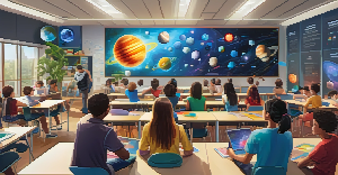 A classroom with students using augmented reality technology to learn about the solar system, with colorful planets displayed above a table.