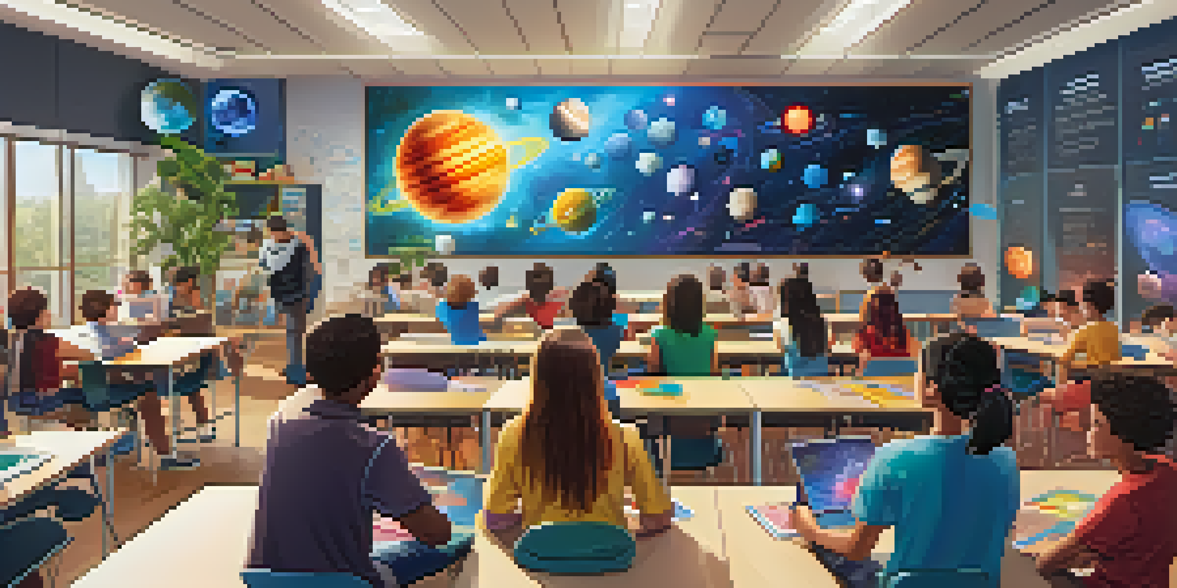 A classroom with students using augmented reality technology to learn about the solar system, with colorful planets displayed above a table.