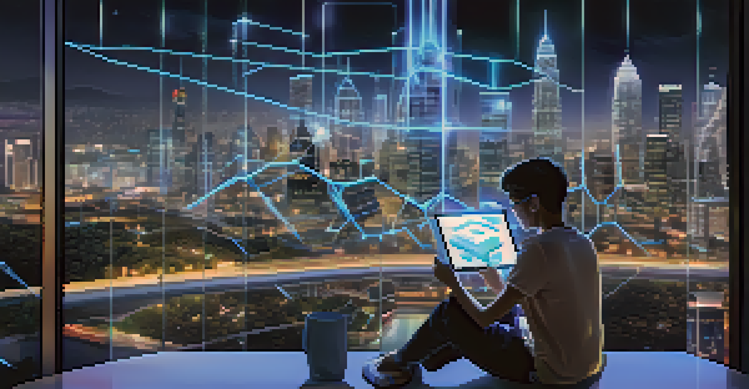 A student using a tablet in a glowing city, surrounded by holographic educational content, representing the impact of 5G technology on mobile learning.