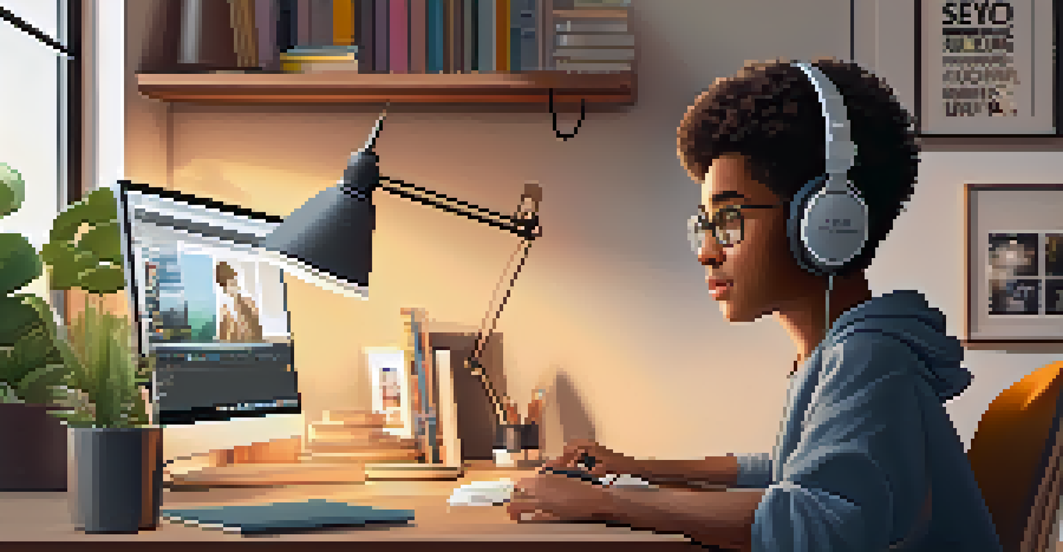 A student engaged in online learning at home, sitting at a desk with a laptop and headphones in a cozy, well-organized room.
