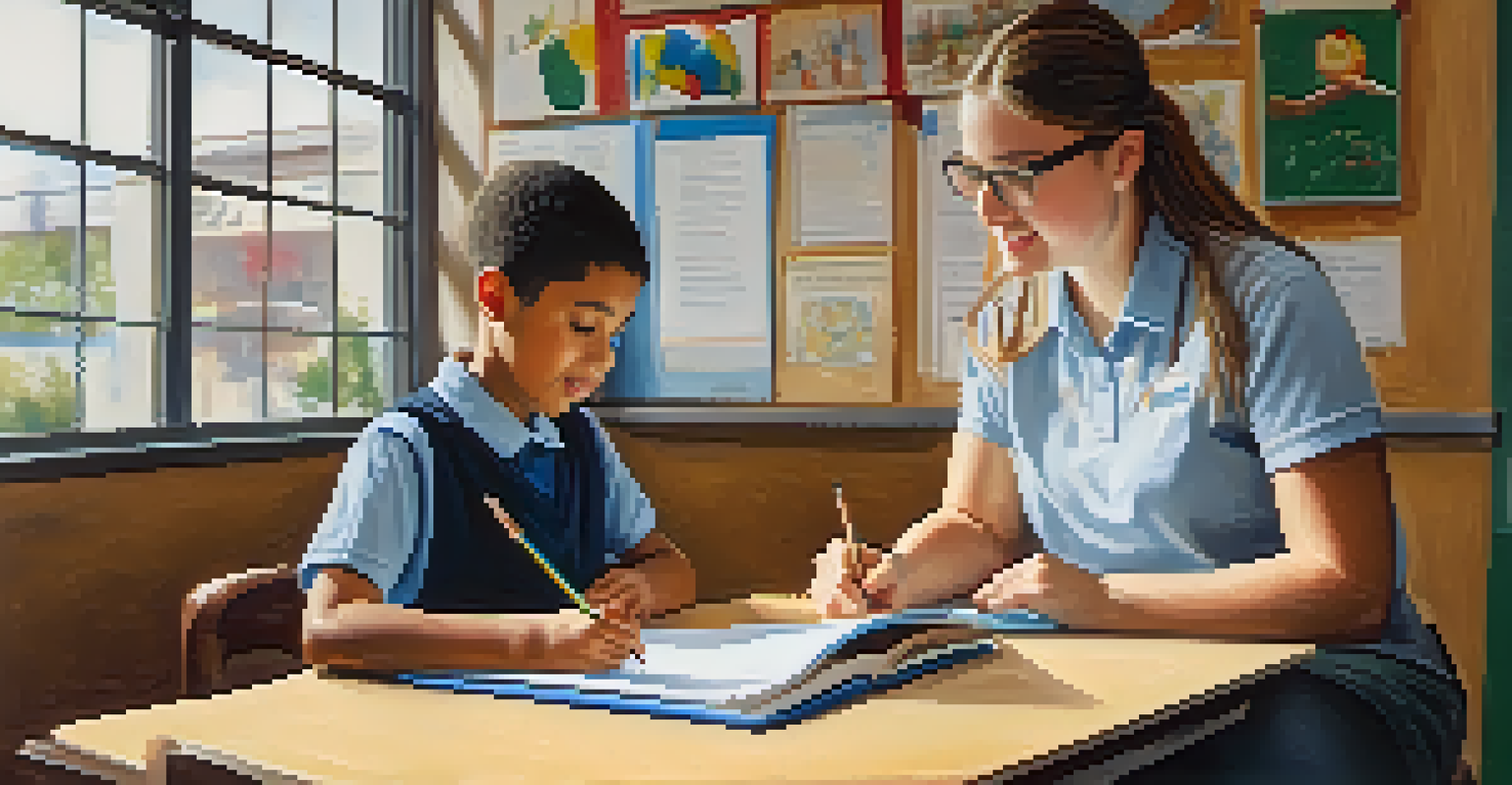 A supportive classroom interaction where a teacher is helping a student with learning disabilities, surrounded by visual aids and a warm atmosphere.