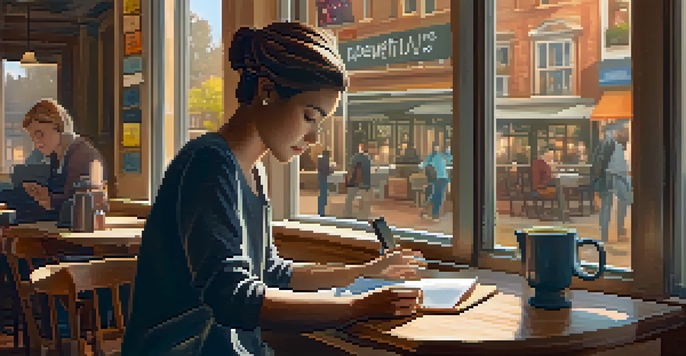 A person in a cozy coffee shop using a mobile device to engage with a microlearning app, with sunlight streaming in and books around.
