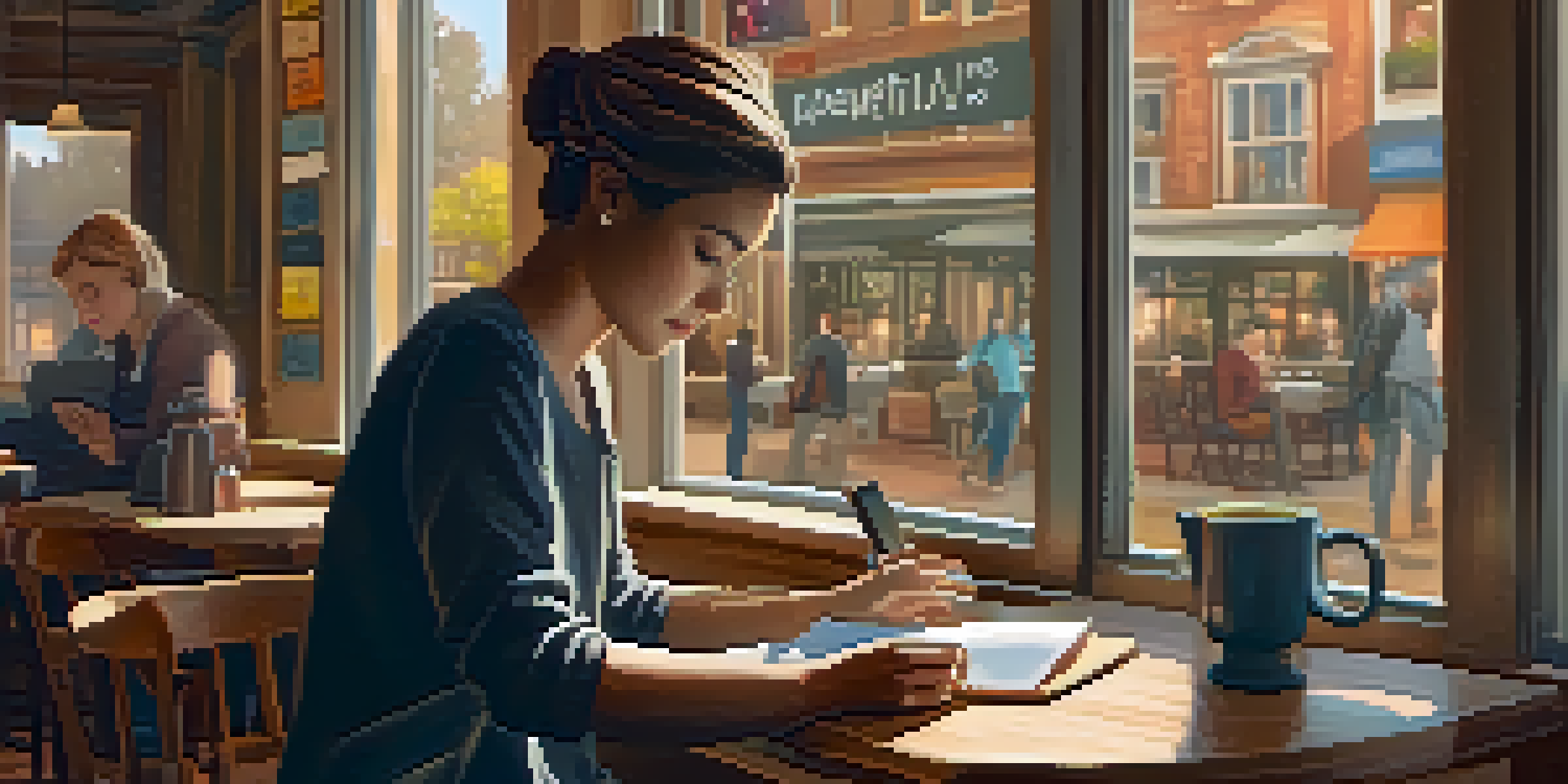 A person in a cozy coffee shop using a mobile device to engage with a microlearning app, with sunlight streaming in and books around.