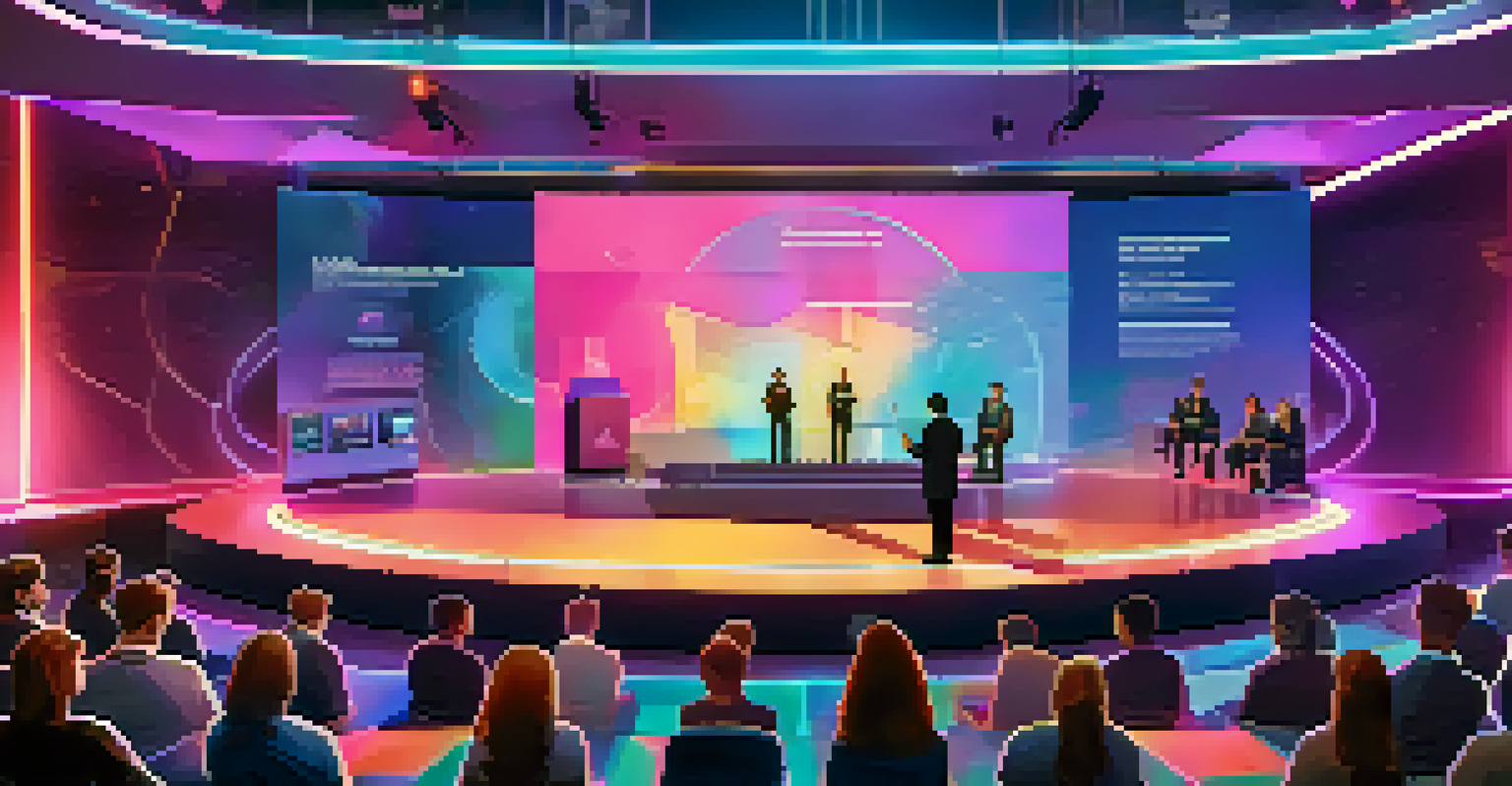 A speaker delivering a presentation to a virtual audience using augmented reality, with holographic displays and vibrant lighting creating an immersive atmosphere.