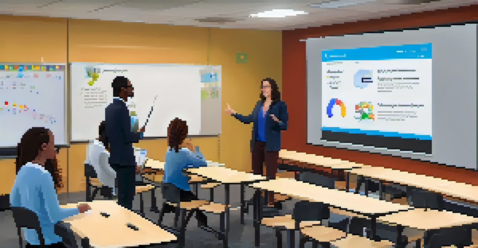 A teacher conducting a blended learning session with both in-person and remote students in a tech-equipped classroom.