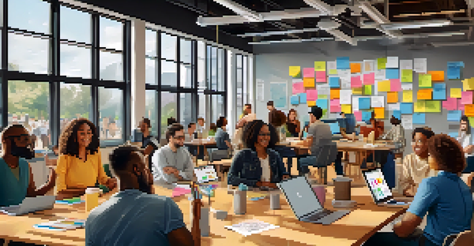 A diverse group of individuals in a bright co-working space, collaborating and sharing ideas over a large table filled with laptops and notes.