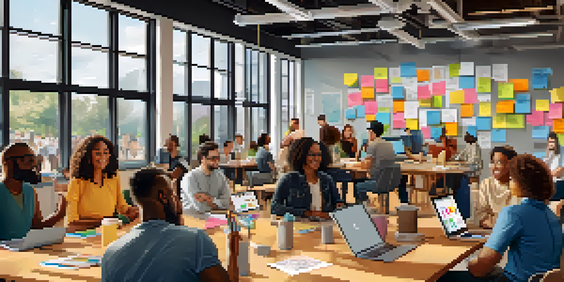A diverse group of individuals in a bright co-working space, collaborating and sharing ideas over a large table filled with laptops and notes.