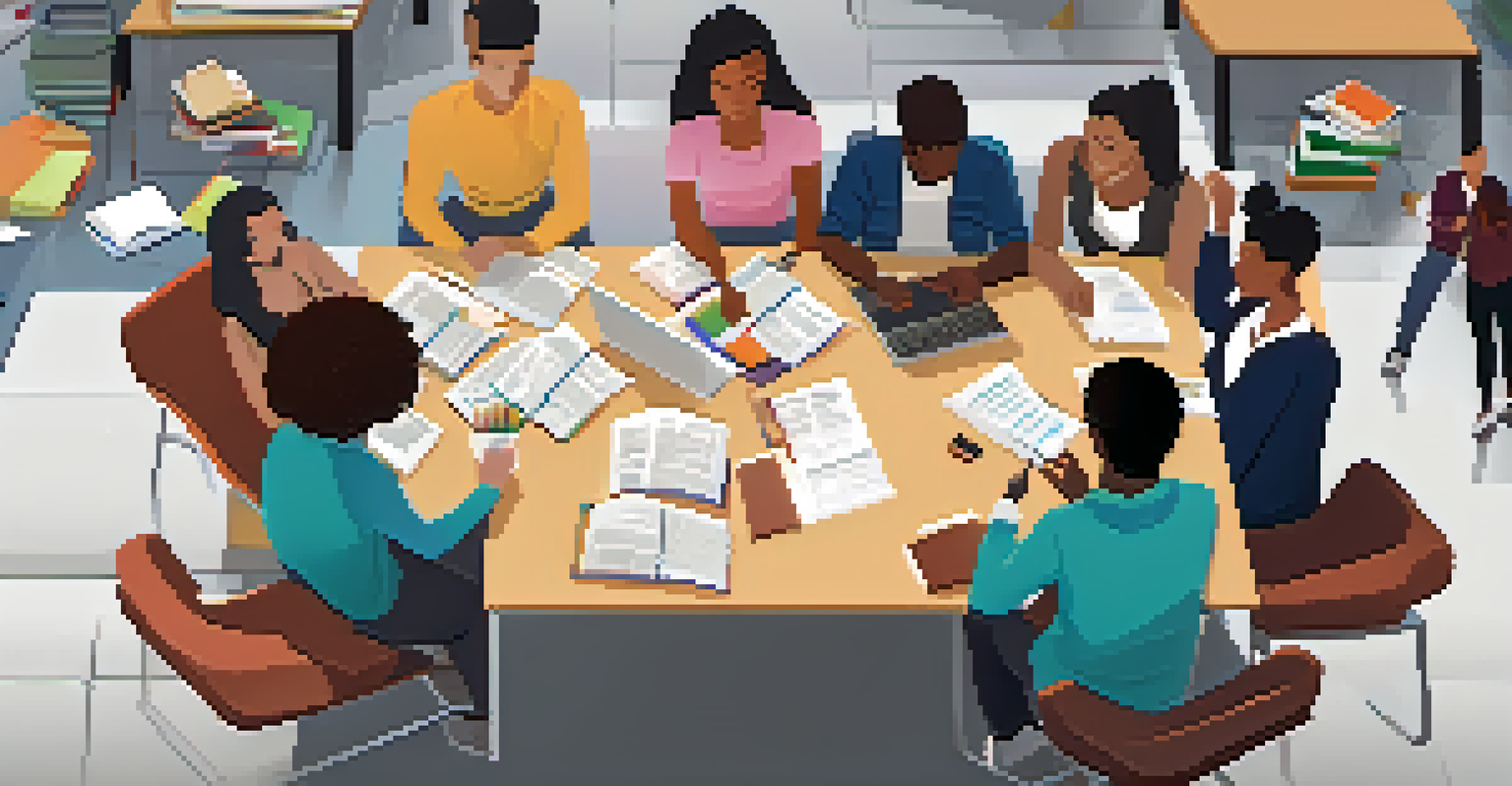 A diverse group of students collaborating on financial aid discussions at a table filled with laptops and books.