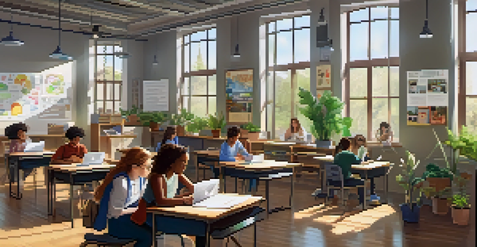 A bright modern classroom with students using laptops for virtual learning, a teacher guiding them, and educational posters on the walls.