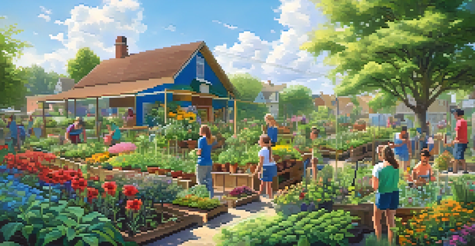 A community garden with children and adults working together, surrounded by colorful plants and flowers, under a sunny sky.