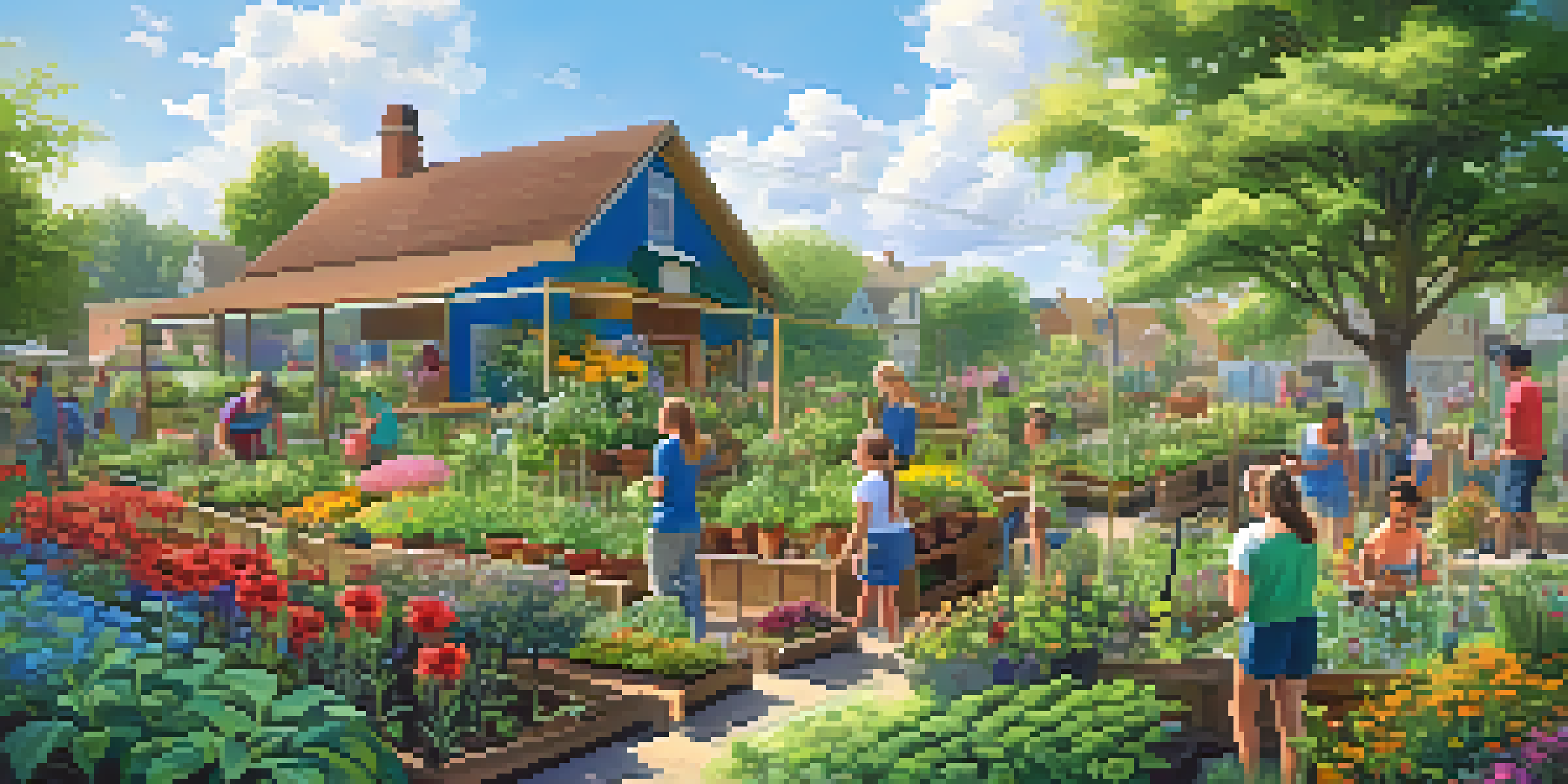 A community garden with children and adults working together, surrounded by colorful plants and flowers, under a sunny sky.