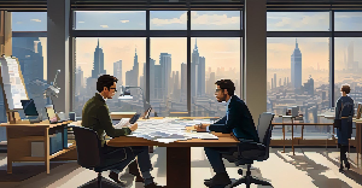 A researcher and a policymaker discussing education research over a table filled with papers and laptops.