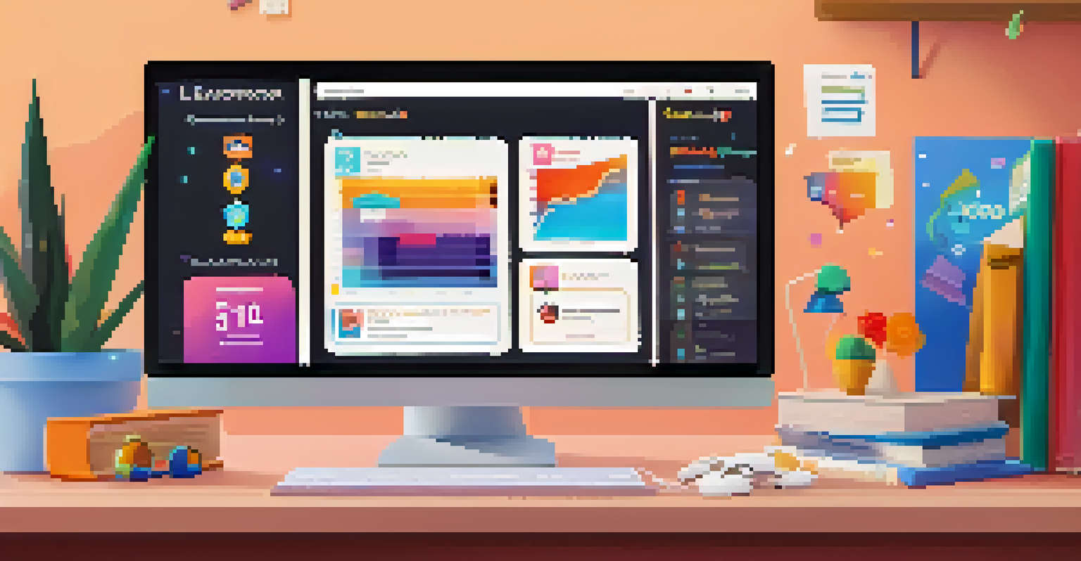 A computer screen displaying a gamified learning platform featuring badges and leaderboards in a cozy study area.