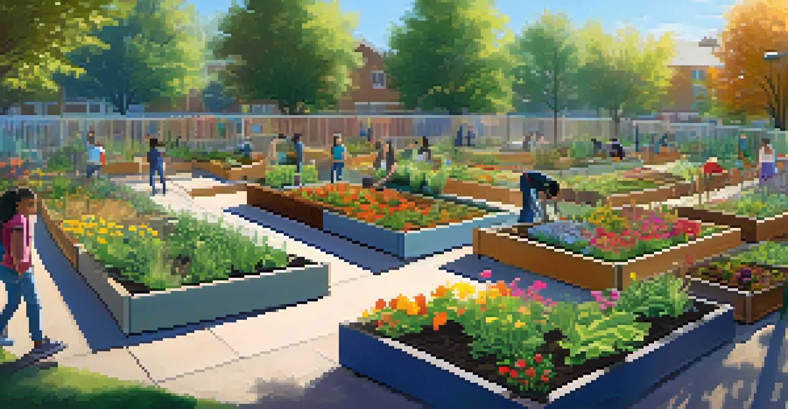An inclusive outdoor garden where students of different abilities are gardening together at raised beds filled with colorful flowers and vegetables.