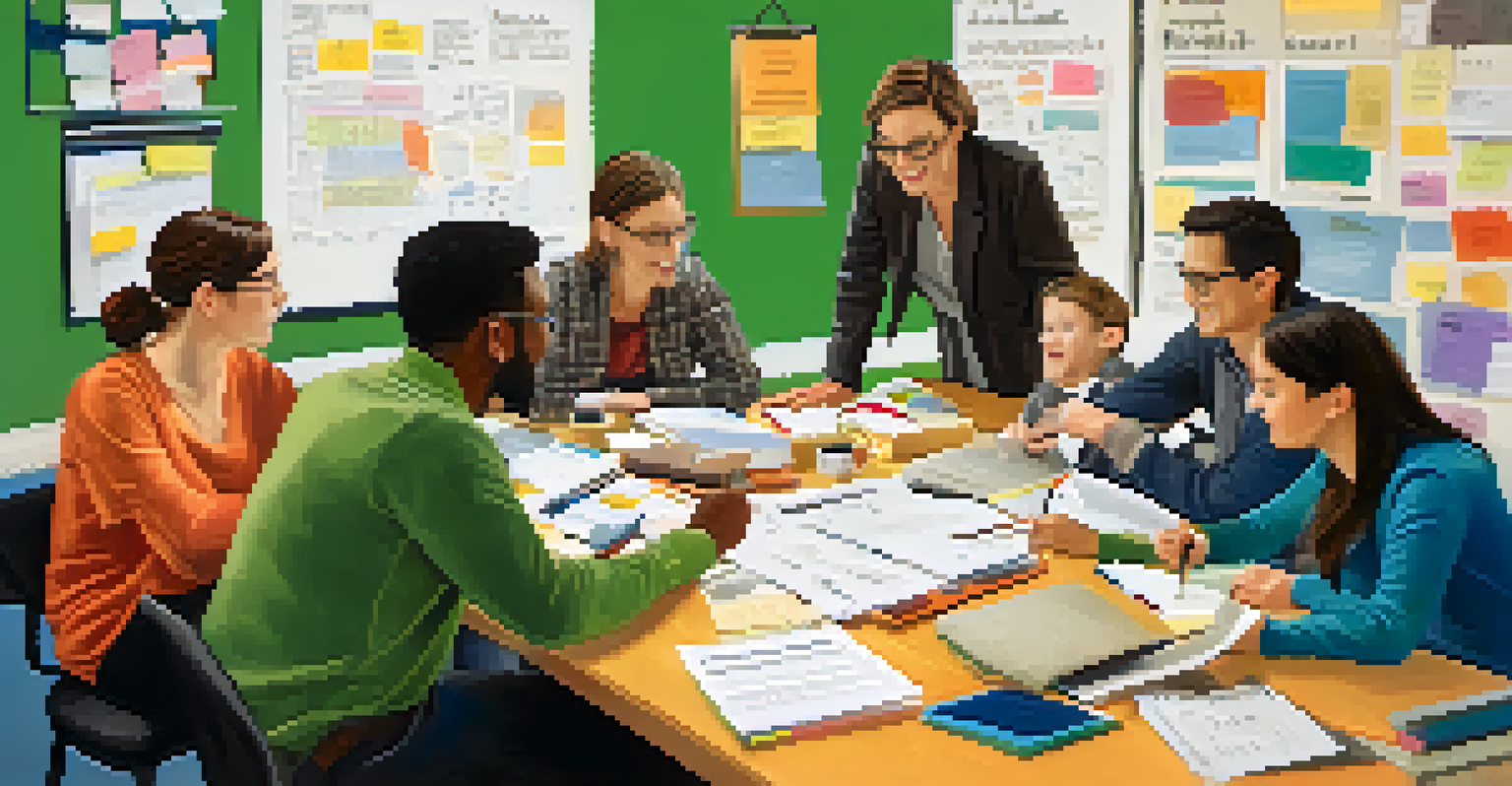 A group of educators collaborating over goal setting with notebooks and laptops on a table, surrounded by motivational posters.