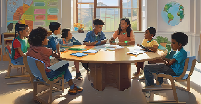 A diverse group of students collaborating in a well-lit classroom, surrounded by educational technology tools.