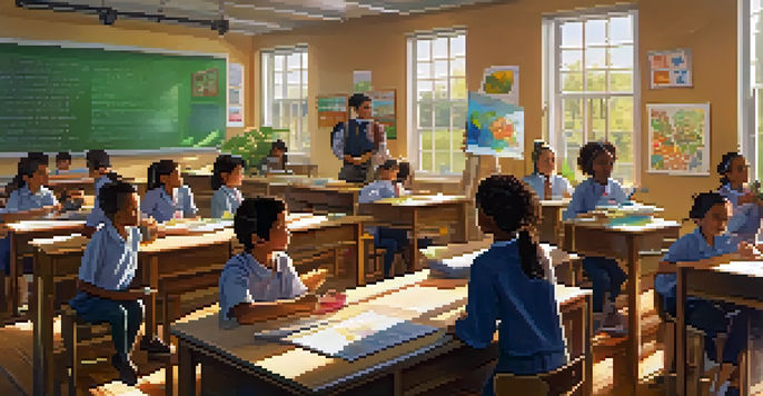 A lively rural classroom with students and a teacher engaged in a science project, bright sunlight illuminating the space.
