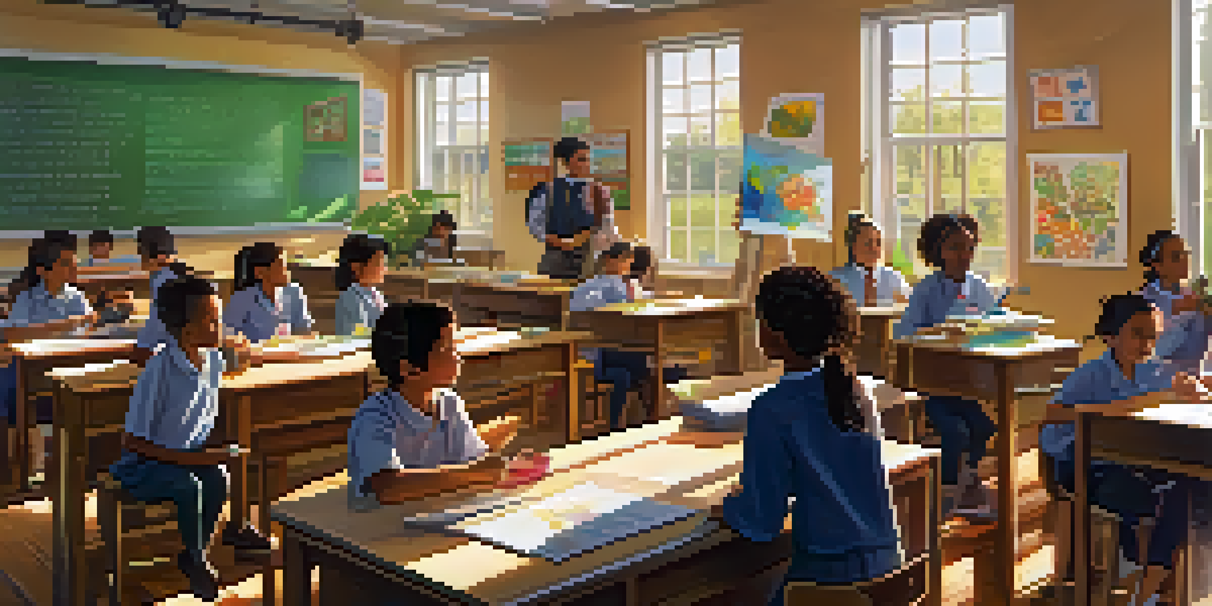 A lively rural classroom with students and a teacher engaged in a science project, bright sunlight illuminating the space.