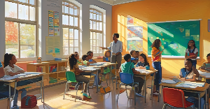 A lively classroom with diverse students participating in group discussions under bright sunlight.