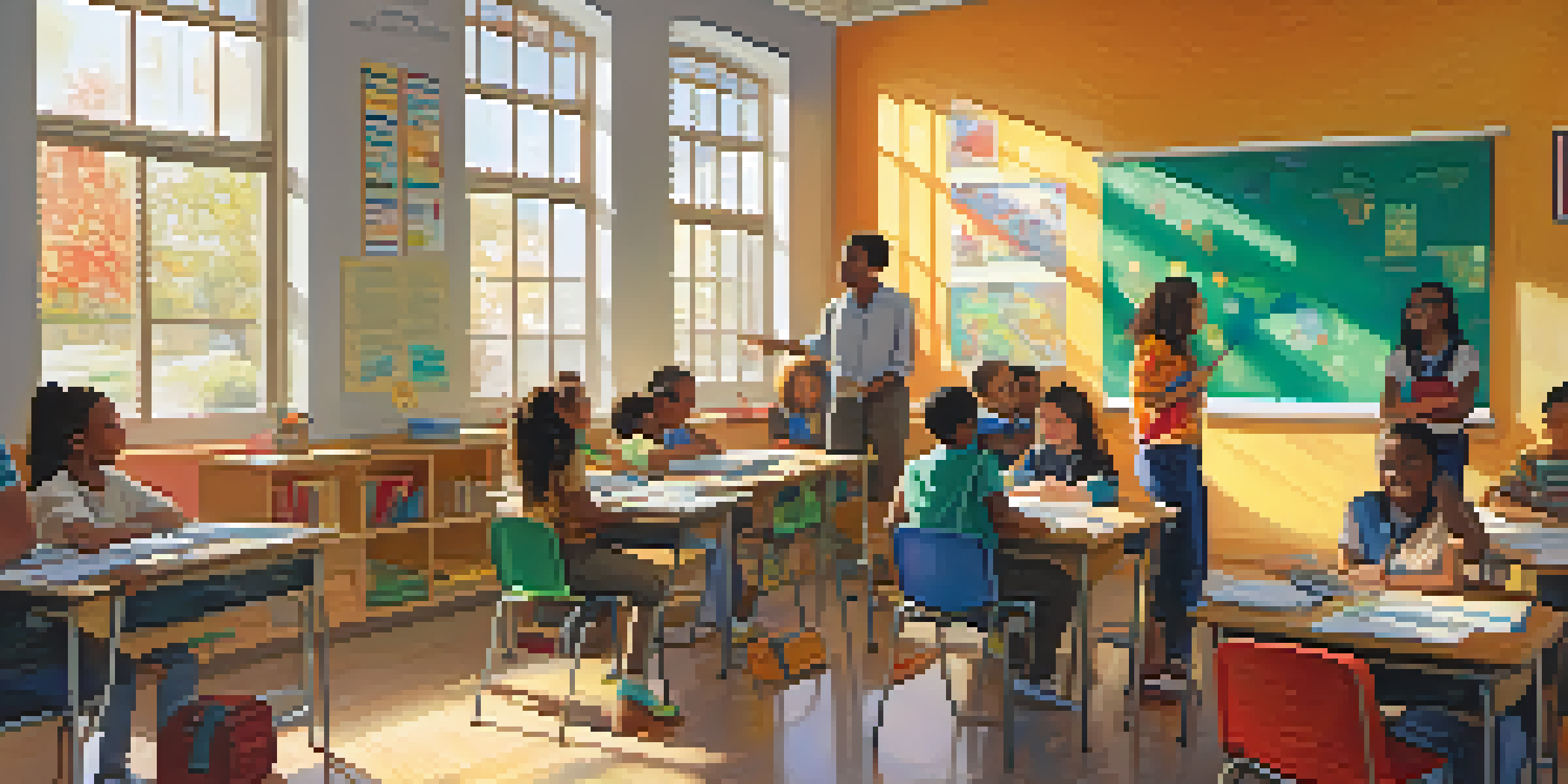 A lively classroom with diverse students participating in group discussions under bright sunlight.