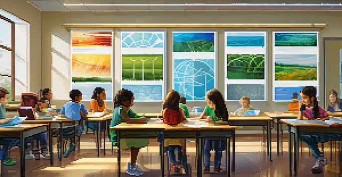 A lively classroom showing students collaborating on a project about renewable energy, with bright colors and natural lighting.