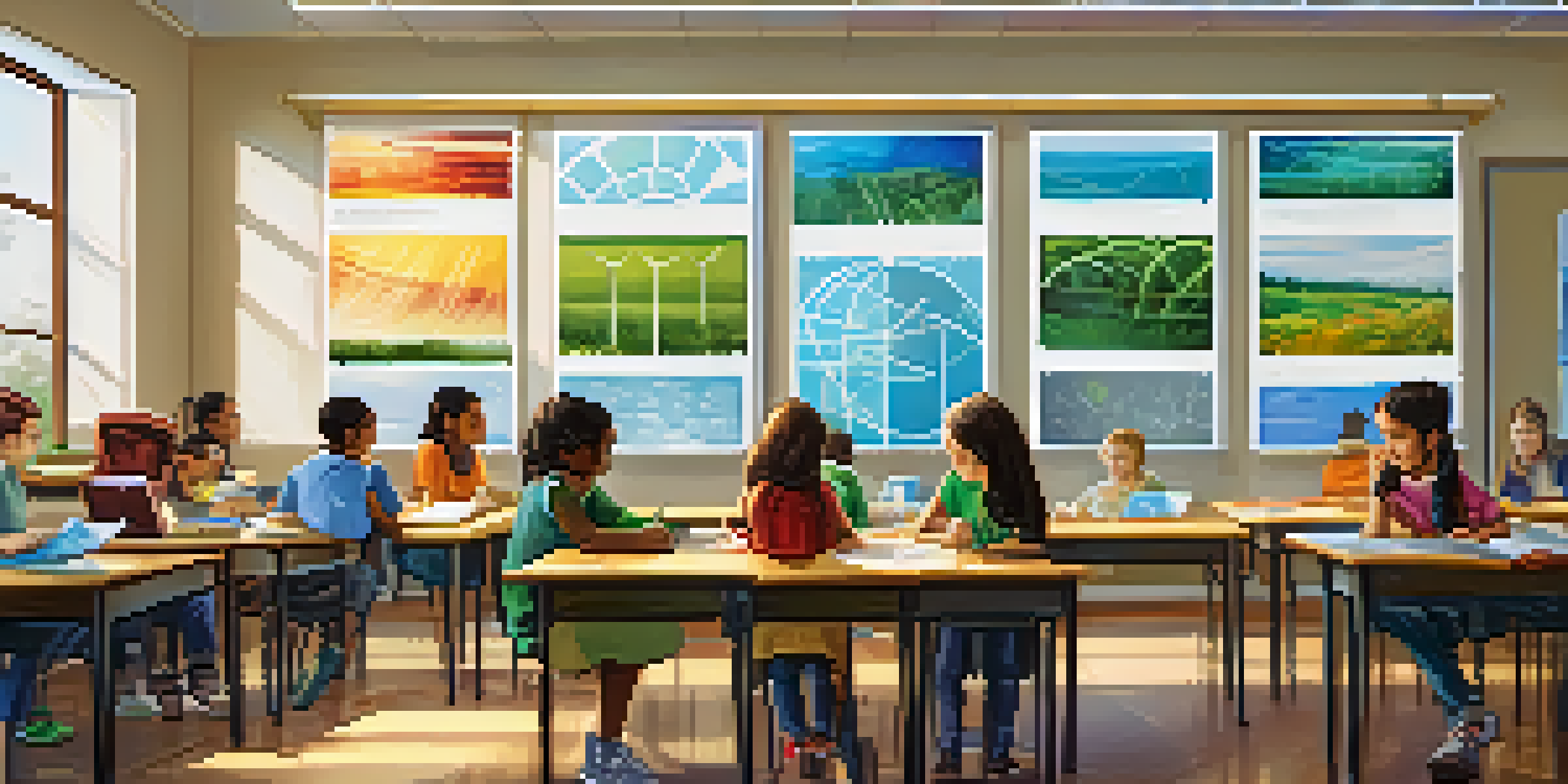 A lively classroom showing students collaborating on a project about renewable energy, with bright colors and natural lighting.