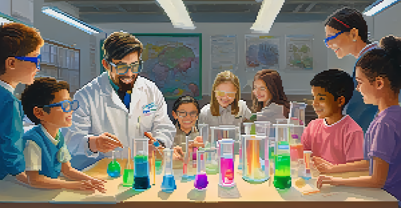 An educator demonstrating a science experiment to a diverse group of students in a well-equipped classroom.