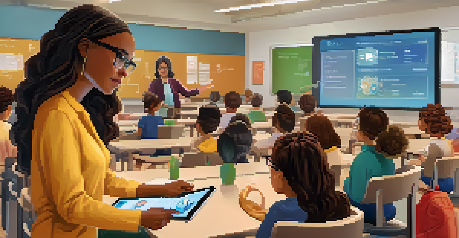 A teacher using a tablet to personalize lesson plans in a modern classroom with students engaged in technology-based learning.