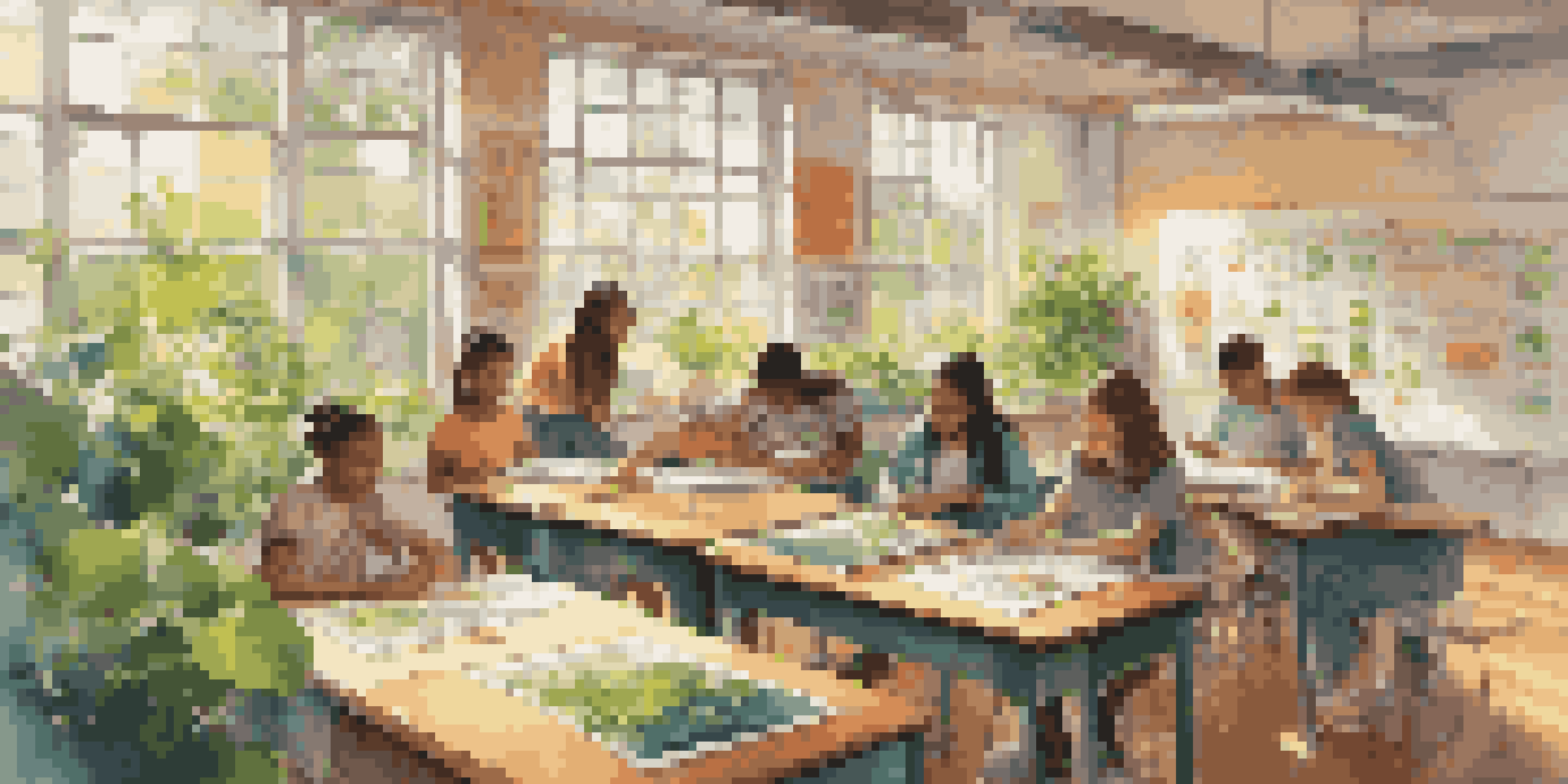 A classroom filled with students working collaboratively on a project about environmental sustainability, with sunlight streaming in and colorful decorations around them.