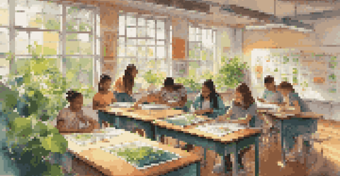 A classroom filled with students working collaboratively on a project about environmental sustainability, with sunlight streaming in and colorful decorations around them.