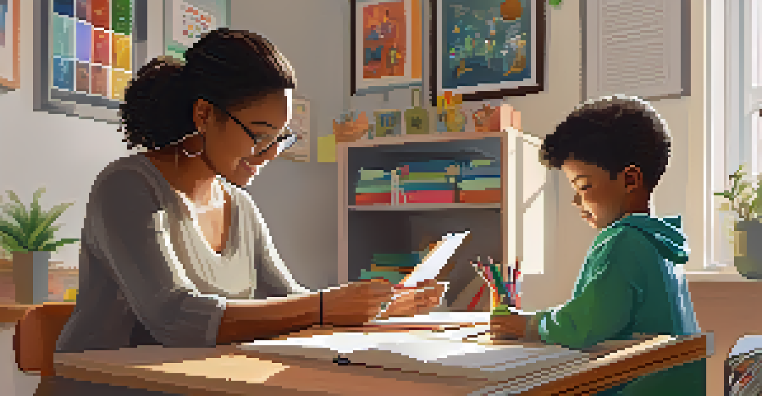 A parent helping a child with special needs on a laptop in a cozy home learning environment, with educational materials around.