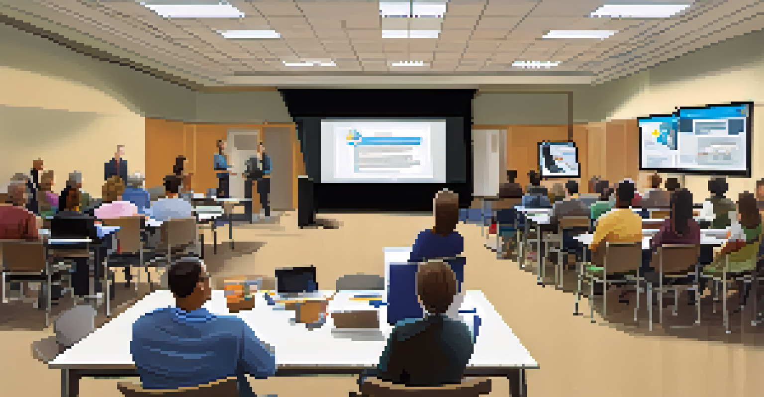 Teachers in a workshop, collaborating on digital resource integration in a conference room.