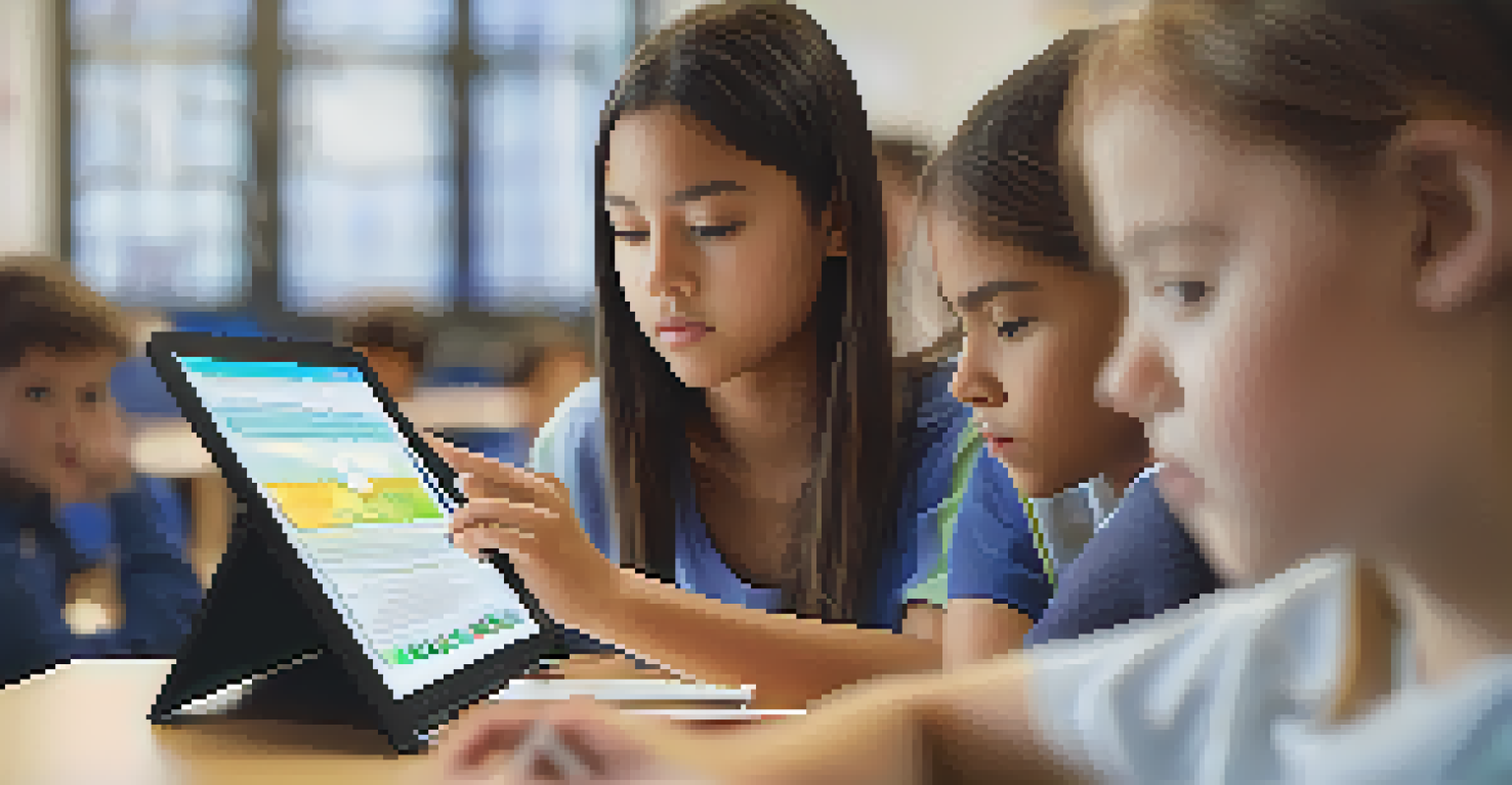 A student intently using a tablet for interactive learning, with a glowing screen illuminating their face in a modern classroom setting.