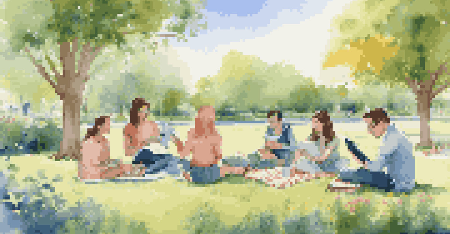 A group of friends enjoying a digital detox in a park, engaging in activities like reading and playing frisbee, surrounded by greenery and flowers.