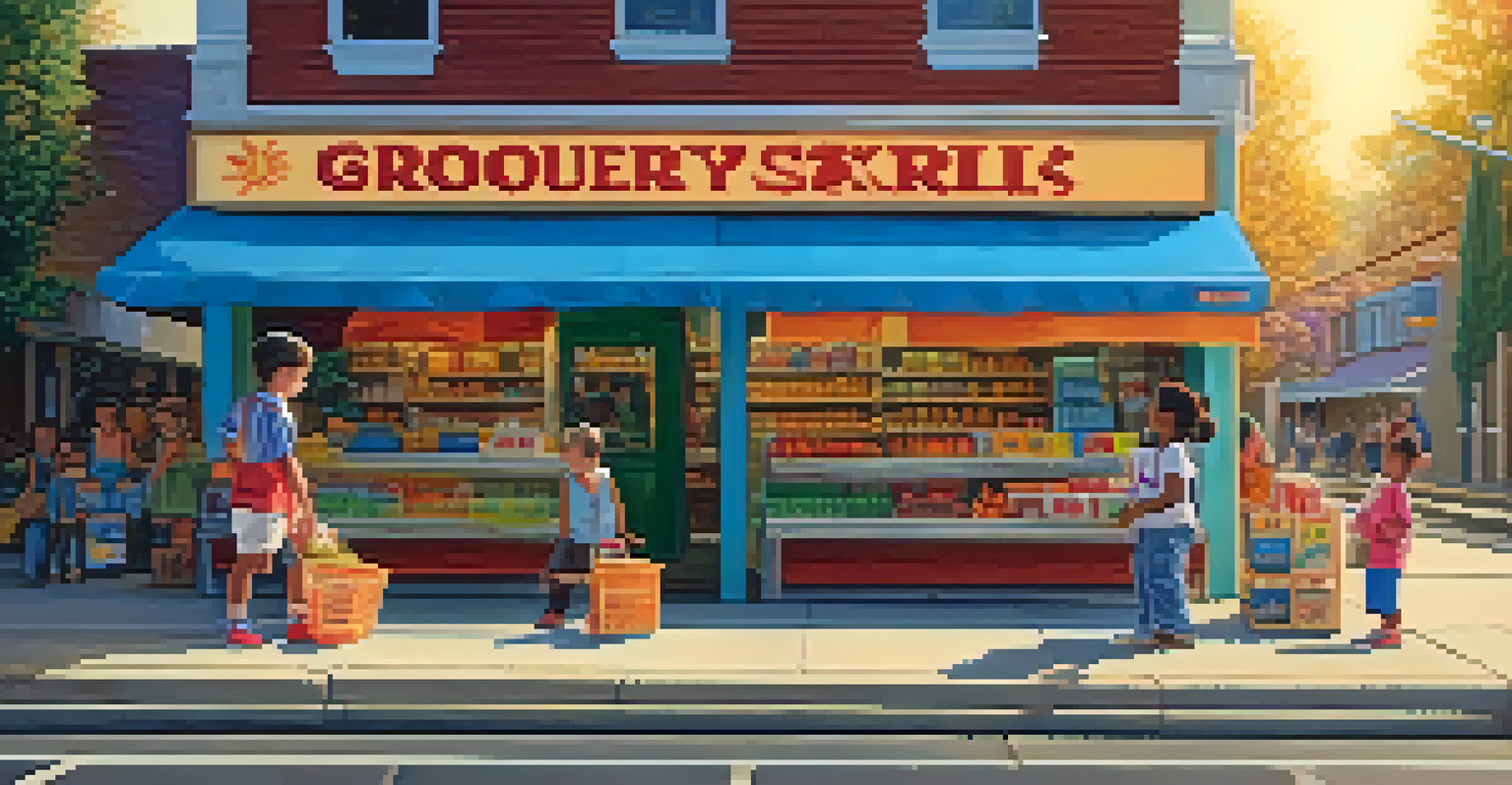 Children playing in a makeshift grocery store, with one child as a cashier and another shopping, surrounded by colorful toy food items.