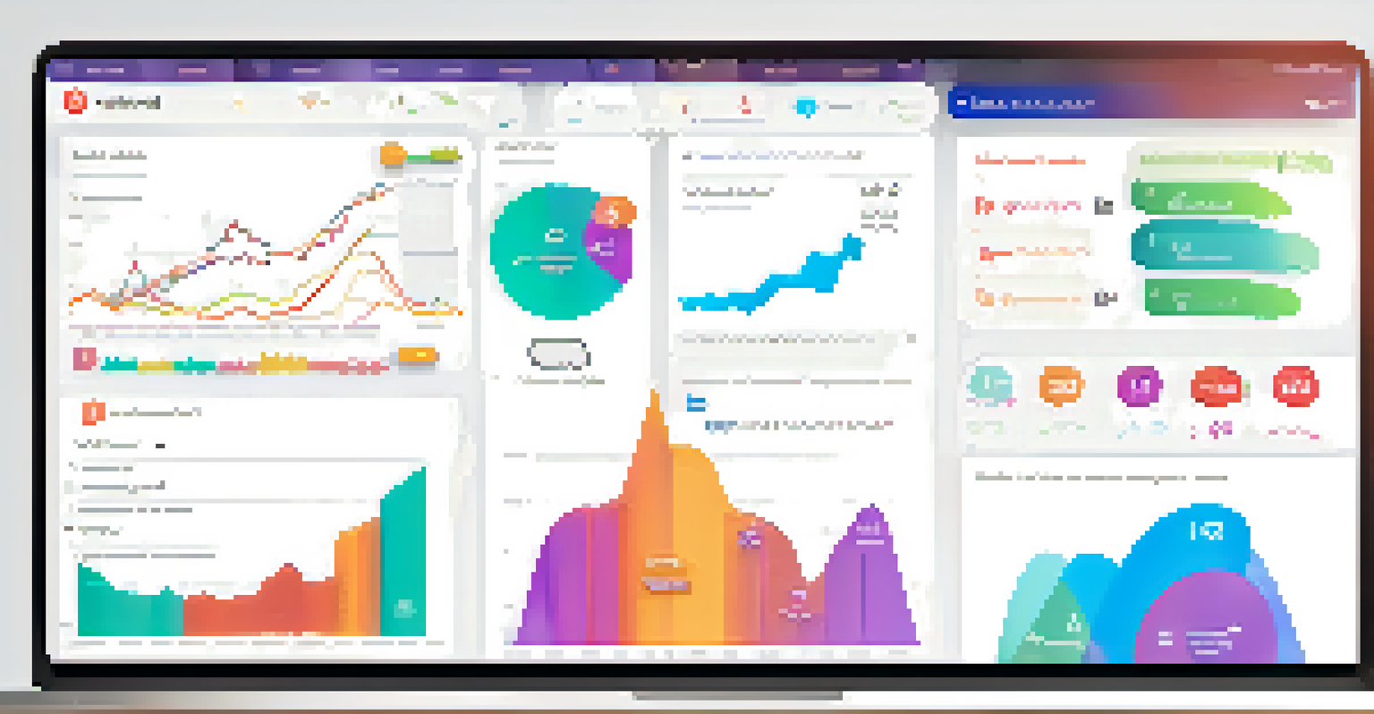 A digital dashboard illustrating social media engagement metrics, with graphs, icons, and a chat window displaying positive messages.