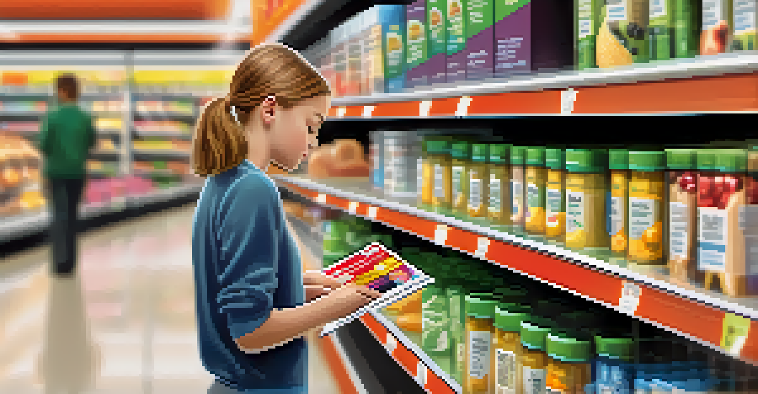 A person reading a nutrition label on a food package in a grocery store aisle, with colorful products on the shelves.