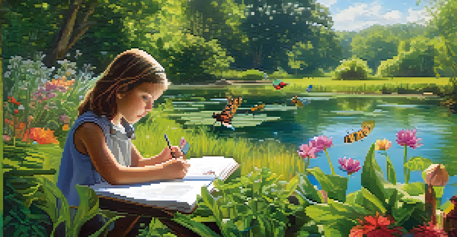 Children observing a pond ecosystem, using magnifying glasses and sketching their findings in a notebook amidst lush greenery.