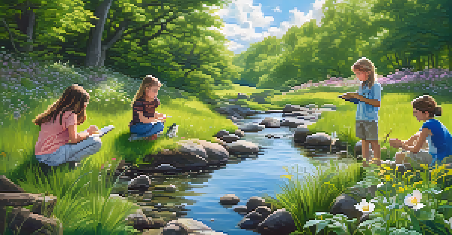 Students outdoors examining plants and insects by a stream, surrounded by lush greenery and a bright blue sky.