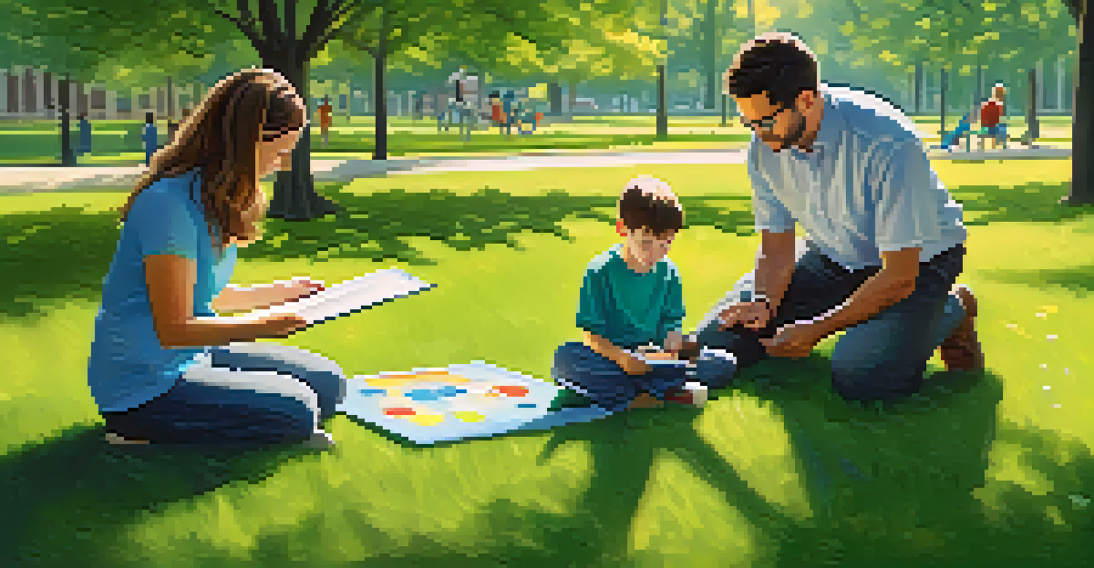 A therapist and child in a park, where the therapist is rewarding the child for completing a task, illustrating behaviorist concepts.