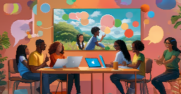 A diverse group of students engaging in an online learning community, with a laptop and chat bubbles symbolizing collaboration.