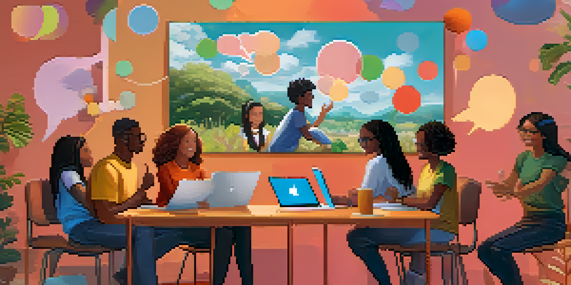A diverse group of students engaging in an online learning community, with a laptop and chat bubbles symbolizing collaboration.