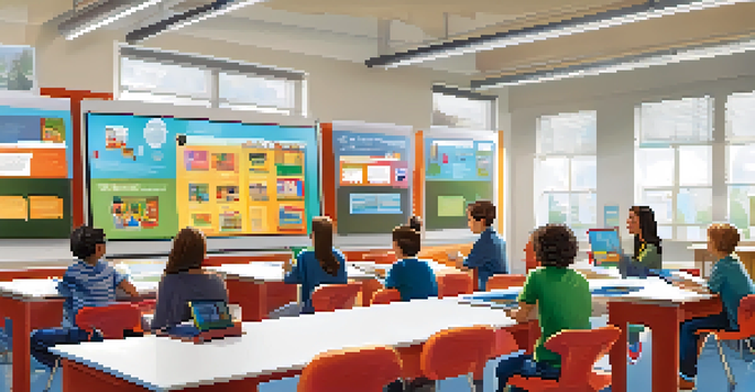 A bright classroom with students using technology and a teacher interacting with them, showcasing blended learning.