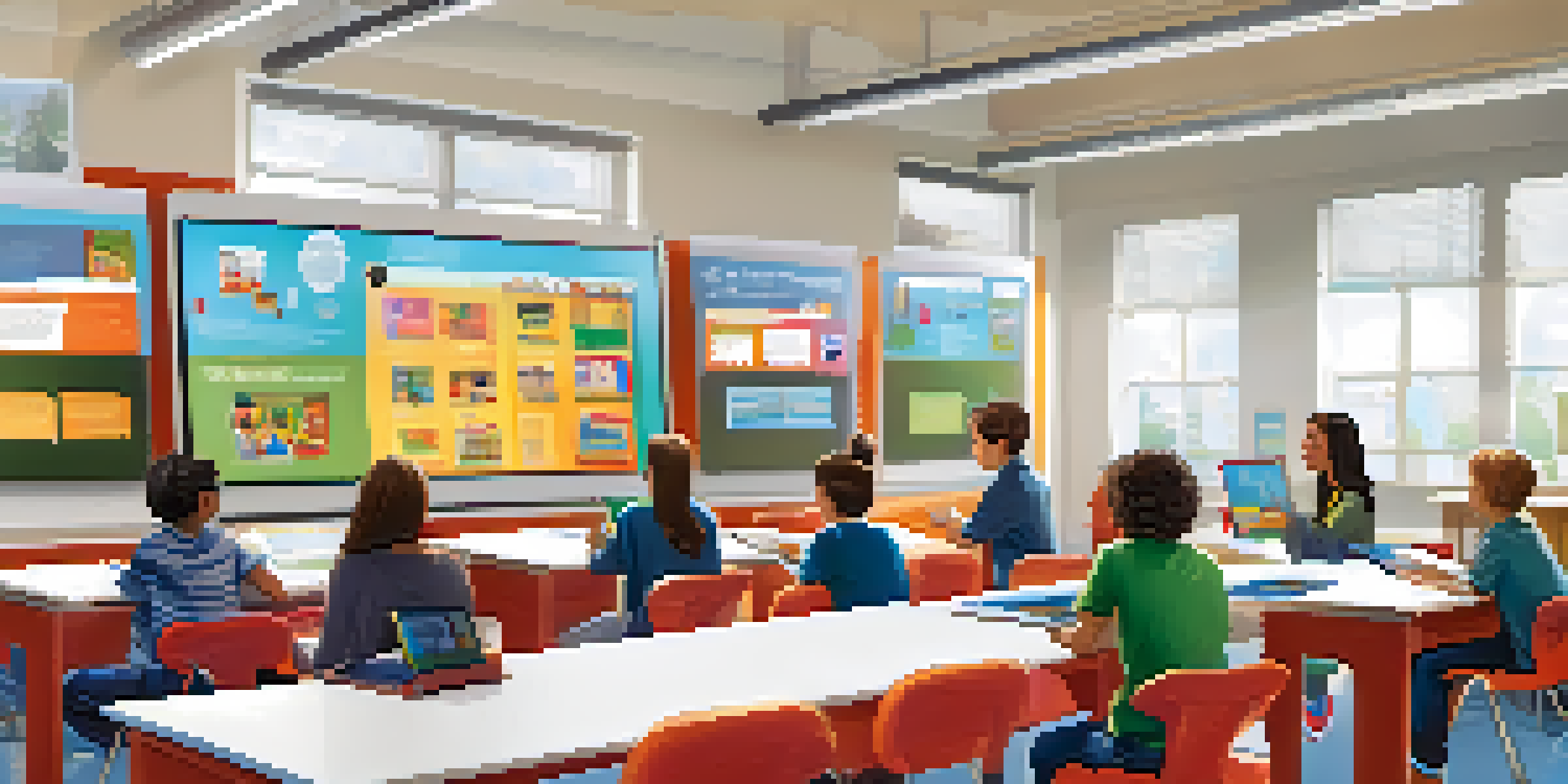 A bright classroom with students using technology and a teacher interacting with them, showcasing blended learning.