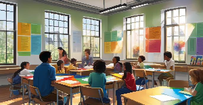 A bright classroom with diverse students collaborating at a table, surrounded by motivational posters about growth mindset.