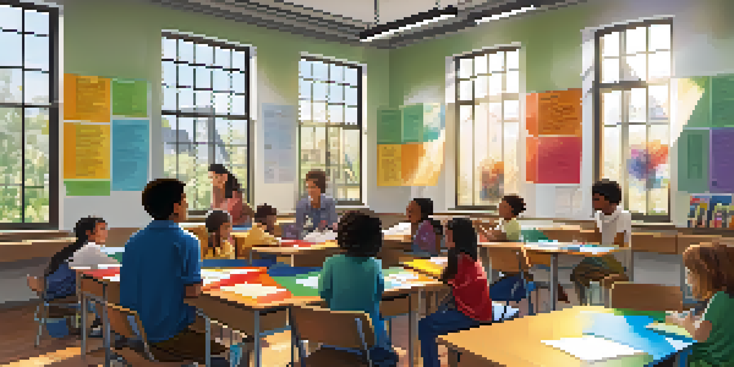 A bright classroom with diverse students collaborating at a table, surrounded by motivational posters about growth mindset.